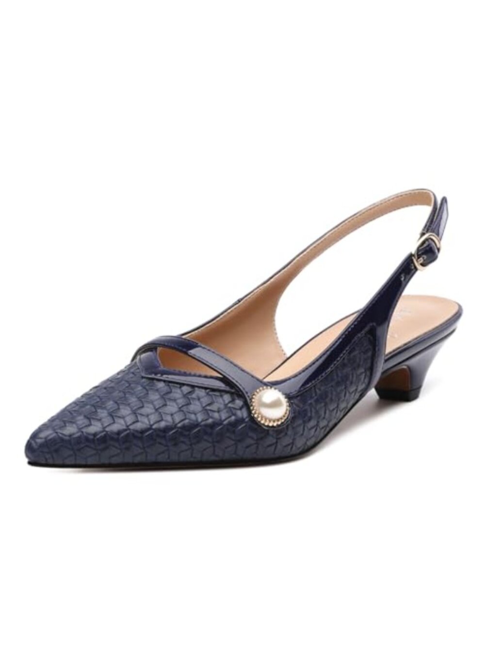 Women's Pointed Toe Kitten Heel Slingback Pumps with Pearl Decoration
